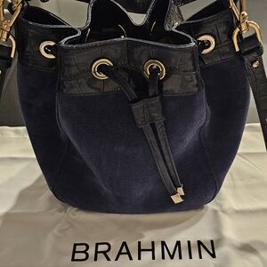 Brahmin Melinda Navy Angora Leather Bucket Bag